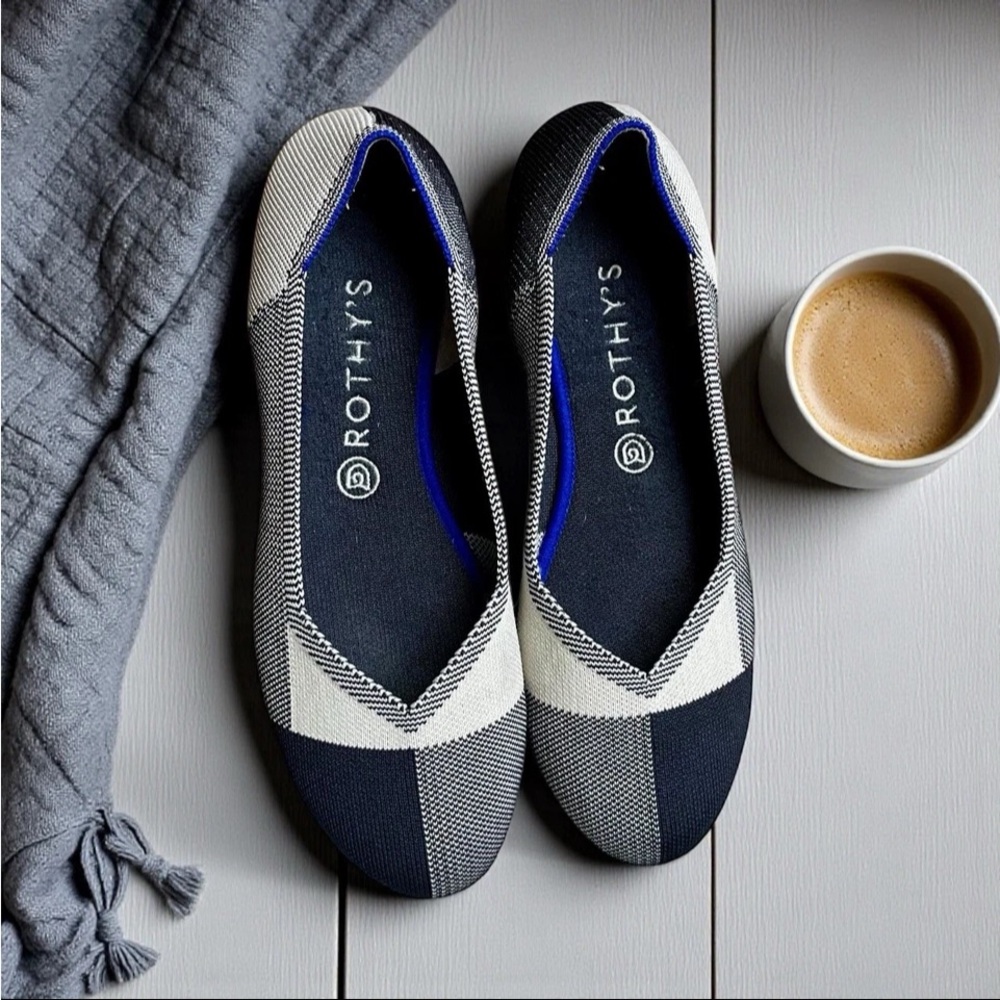 Rothy's Navy Blue and White Geometric Ballet Flats